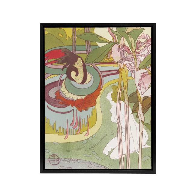 "Artery8 Woman Sees Vision in Garden Framed Canvas Wall Art Print Georges Feure in Green - Size: W12"" x H16""" - image 1