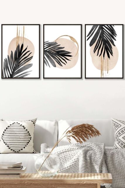 ARTZE Set of 3 Black Framed Abstract Watercolour Black Palm Leaves Wall Art - Size: W53 cm x H73 cm x D20mm - image 1