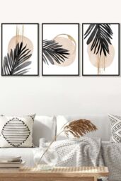ARTZE Set of 3 Black Framed Abstract Watercolour Black Palm Leaves Wall Art - Size: W53 cm x H73 cm x D20mm - thumbnail 1