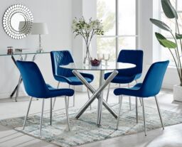 FurnitureboxUK Selina Round Glass Chrome Leg Dining Table & Pesaro Silver Leg Chairs in Navy - Size: 4 Person - thumbnail 1