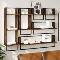 Berkfield Home Decorative 6 Piece Wall Shelf Set with Bars Smoked Oak Engineered Wood in Brown - thumbnail 2