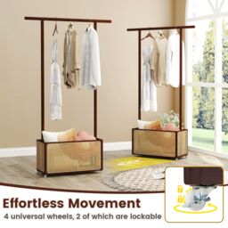 Costway Bamboo Clothes Rack Coat Hanger Stand with Rattan Storage Basket in Brown - thumbnail 9