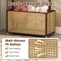 Costway Bamboo Clothes Rack Coat Hanger Stand with Rattan Storage Basket in Brown - thumbnail 8