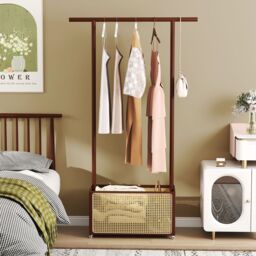 Costway Bamboo Clothes Rack Coat Hanger Stand with Rattan Storage Basket in Brown - thumbnail 3