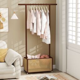 Costway Bamboo Clothes Rack Coat Hanger Stand with Rattan Storage Basket in Brown - thumbnail 4