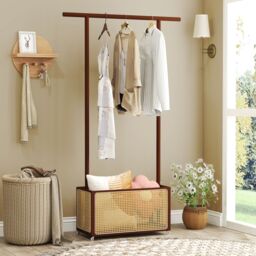 Costway Bamboo Clothes Rack Coat Hanger Stand with Rattan Storage Basket in Brown - thumbnail 5