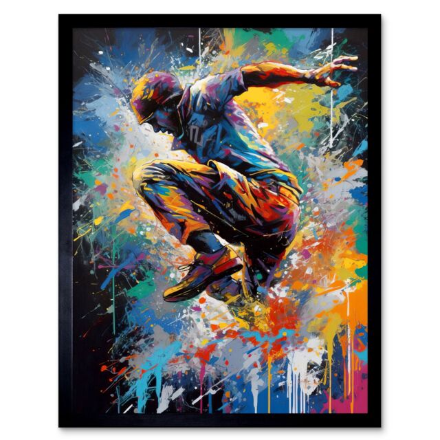 "Artery8 Wall Art Print Parkour Paint Splat Portrait Jump Action Shot Art Framed in Black - Size: W12"" x H16""" - image 1