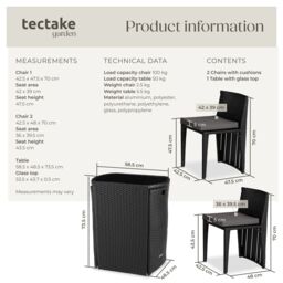 tectake Garden Table & Chairs Hamburg - 2 chairs, 1 dining table, bistro set in Black - Size: 2 Seater - thumbnail 6