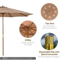SPETLEK Khaki 3m Wooden Pole Parasol Outdoor Garden Sun Shade Canopy in Taupe - Size: 100 cm x 15 cm - thumbnail 4