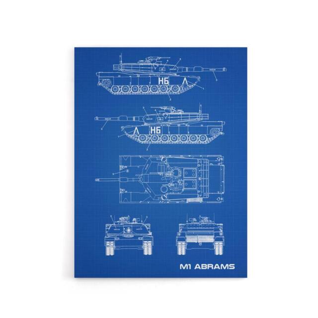"Artery8 M1 Abrams US Main Battle Tank Blueprint Canvas Wall Art Print in Blue - Size: W24"" x H32""" - image 1