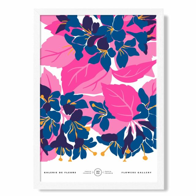 ARTZE Abstract Blue & Pink Blossom Flower Market Gallery Framed Print SIZE: A2 with White Frame in Mid Blue - Size: A4 - image 1