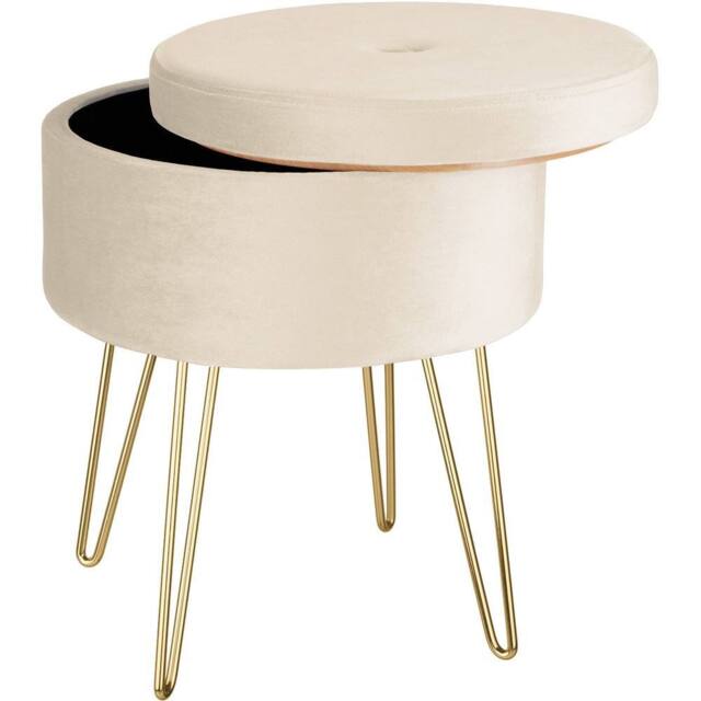 tectake Stool Ava - Round, Padded Velvet Look, With Storage Space in Cream - image 1