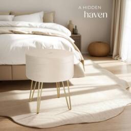 tectake Stool Ava - Round, Padded Velvet Look, With Storage Space in Cream - thumbnail 8