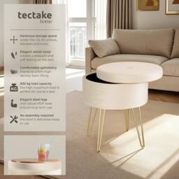 tectake Stool Ava - Round, Padded Velvet Look, With Storage Space in Cream - thumbnail 2
