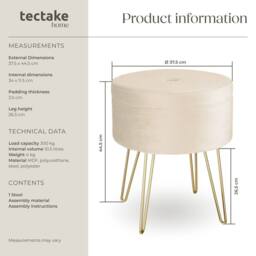 tectake Stool Ava - Round, Padded Velvet Look, With Storage Space in Cream - thumbnail 6