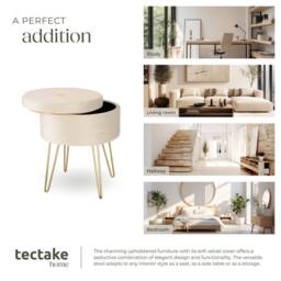 tectake Stool Ava - Round, Padded Velvet Look, With Storage Space in Cream - thumbnail 7