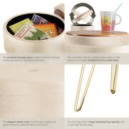 tectake Stool Ava - Round, Padded Velvet Look, With Storage Space in Cream - thumbnail 5