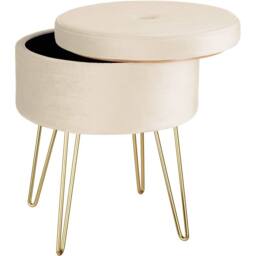tectake Stool Ava - Round, Padded Velvet Look, With Storage Space in Cream - thumbnail 1
