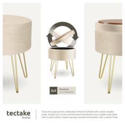 tectake Stool Ava - Round, Padded Velvet Look, With Storage Space in Cream - thumbnail 4