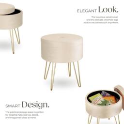 tectake Stool Ava - Round, Padded Velvet Look, With Storage Space in Cream - thumbnail 3