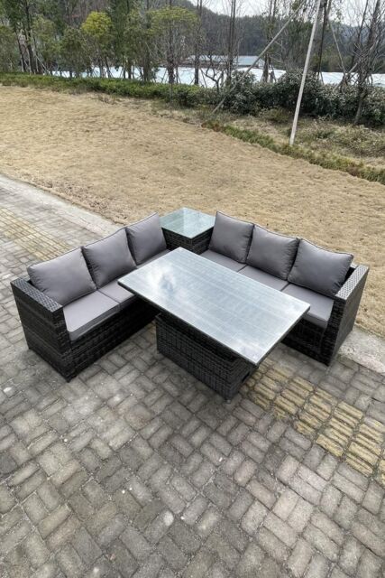 Fimous 6 Seater PE Rattan Corner Sofa Set Rising Adjustable Dining Table High Side Table in Dark Grey - image 1