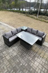 Fimous 6 Seater PE Rattan Corner Sofa Set Rising Adjustable Dining Table High Side Table in Dark Grey - thumbnail 2