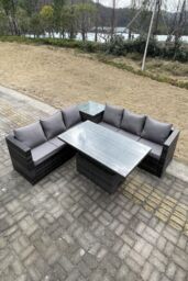 Fimous 6 Seater PE Rattan Corner Sofa Set Rising Adjustable Dining Table High Side Table in Dark Grey - thumbnail 1