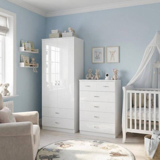 FWStyle Chilton 2 Piece Gloss White Complete Nursery Bedroom Furniture Set - image 1