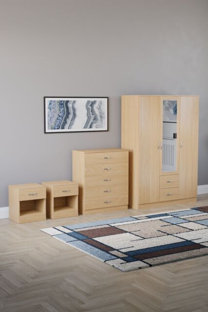 Home Discount Vida Designs 4Pc Bedroom Set 2xBedside, 5Drawer Chest, Mirror Wardrobe in Brown - image 1