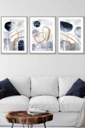 ARTZE Set of 3 Light Grey Framed Abstract Navy Blue & Gold Watercolour Shapes Wall Art - Size: W33 cm x H45 cm x D20mm