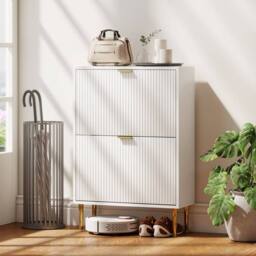 Wyld Haus Baviva 2 Drawer White Shoe Cabinet Ribbed Front Gold Accents - thumbnail 9
