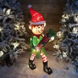 Samuel Alexander 107cm Warm White LED Lit Elf Character with Present Christmas Decoration in Green & Red