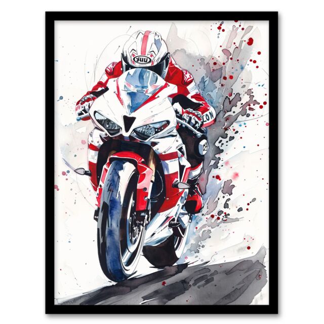 "Artery8 Superbike Motorcycle Rider Race Sport Watercolour Framed Wall Art in Red - Size: W12"" x H16""" - image 1