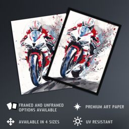 "Artery8 Superbike Motorcycle Rider Race Sport Watercolour Framed Wall Art in Red - Size: W12"" x H16""" - thumbnail 2