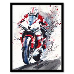 "Artery8 Superbike Motorcycle Rider Race Sport Watercolour Framed Wall Art in Red - Size: W12"" x H16""" - thumbnail 1