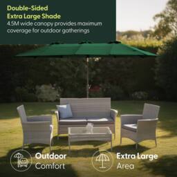 Keplin Double Garden Parasol with Base & Cover (4.5x2.7m), Polyester Canopy in Green - thumbnail 2