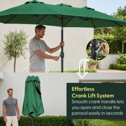 Keplin Double Garden Parasol with Base & Cover (4.5x2.7m), Polyester Canopy in Green - thumbnail 4