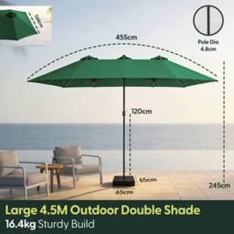 Keplin Double Garden Parasol with Base & Cover (4.5x2.7m), Polyester Canopy in Green - thumbnail 8