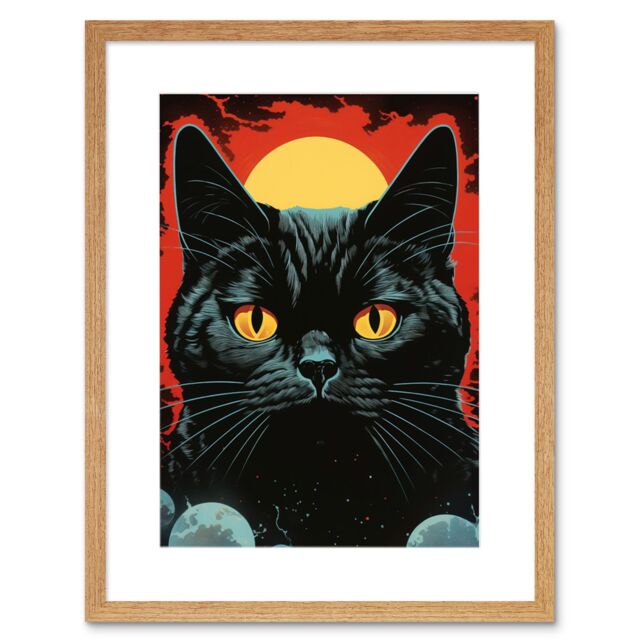 Artery8 Wall Art Print In the Shadow of the Celestial Black Cat Vintage Pulp Art Sci-Fi Cover Artwork Red Yellow Blue Solar Eclipse Artwork Framed - image 1
