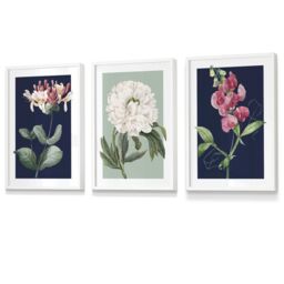 ARTZE Set of 3 White Framed Vintage Flowers Honeysuckle Blue & Green Wall Art in Navy - Size: W33 cm x H45 cm x D20mm - thumbnail 1