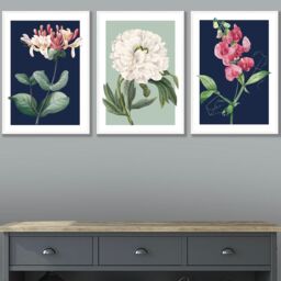 ARTZE Set of 3 White Framed Vintage Flowers Honeysuckle Blue & Green Wall Art in Navy - Size: W33 cm x H45 cm x D20mm - thumbnail 4
