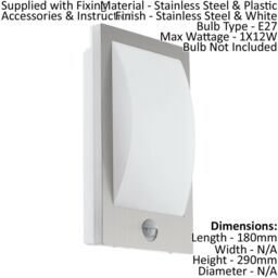 Loops 2 PACK IP44 Outdoor Wall Light & PIR Sensor Stainless Steel & White 12W E27 - thumbnail 2