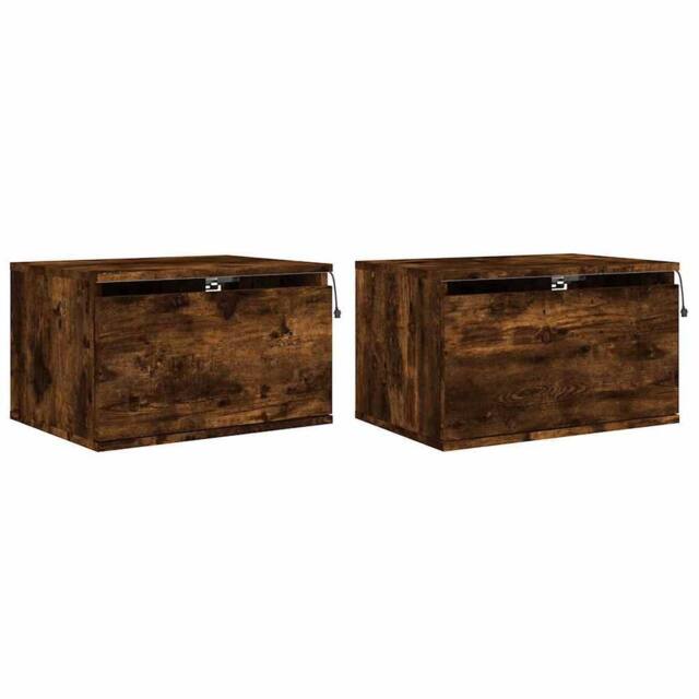 Berkfield Home Wall-mounted Bedside Cabinets with LED Lights 2 pcs Smoked Oak in Brown - image 1