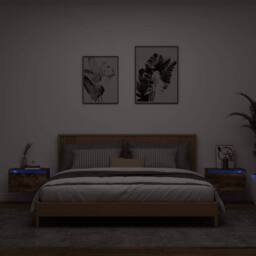 Berkfield Home Wall-mounted Bedside Cabinets with LED Lights 2 pcs Smoked Oak in Brown - thumbnail 2