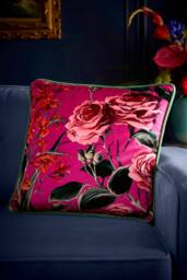 Laurence Llewelyn-Bowen 'Cotswald Fantasia Dawn' Soft Touch Floral Print Velvet Filled Cushion in Pink - Size: 43 cm x 43 cm