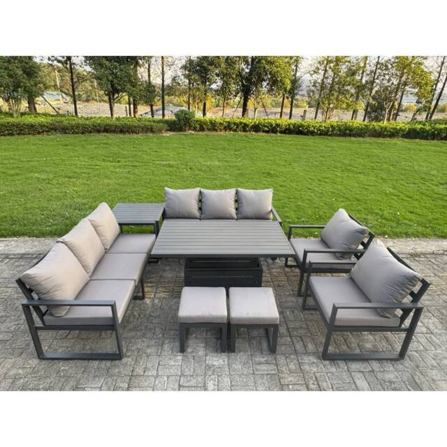 Fimous Aluminum 8-Piece 10-Seater Dining Set with Lifting Table & Side Table in Dark Grey - image 1