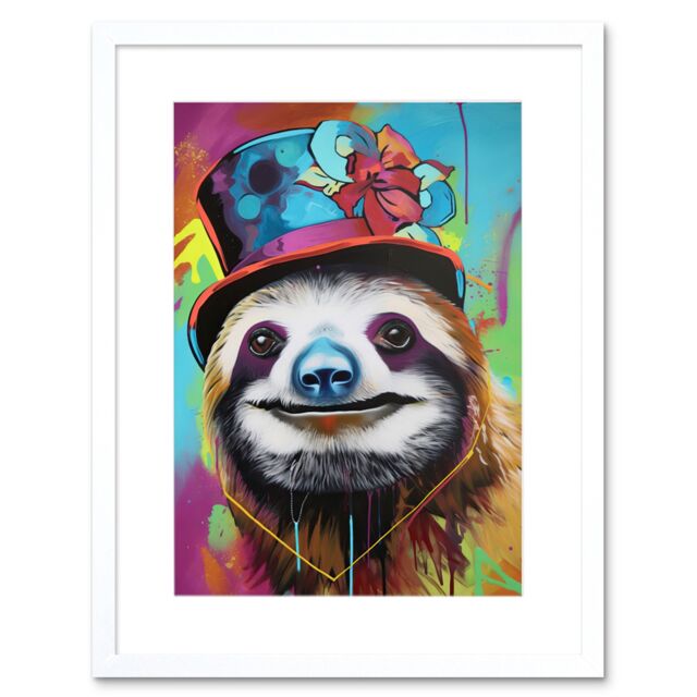 "Artery8 Wall Art Print Sloth Wearing Summer Hat Modern Pop Artwork Framed 9X7 Inch in White - Size: W7"" x H9""" - image 1
