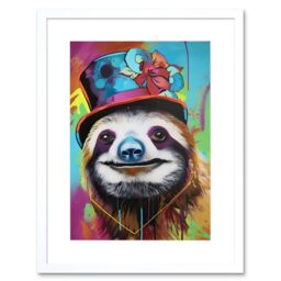 "Artery8 Wall Art Print Sloth Wearing Summer Hat Modern Pop Artwork Framed 9X7 Inch in White - Size: W7"" x H9""" - thumbnail 1