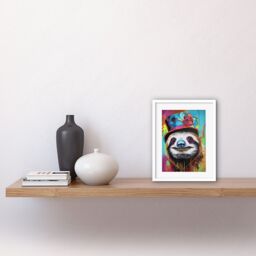 "Artery8 Wall Art Print Sloth Wearing Summer Hat Modern Pop Artwork Framed 9X7 Inch in White - Size: W7"" x H9""" - thumbnail 2
