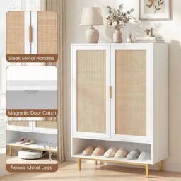 VOGREX 108cm 2Dr 6-Tier Rattan Shoe Cabinet Adj Shelves in White - thumbnail 5